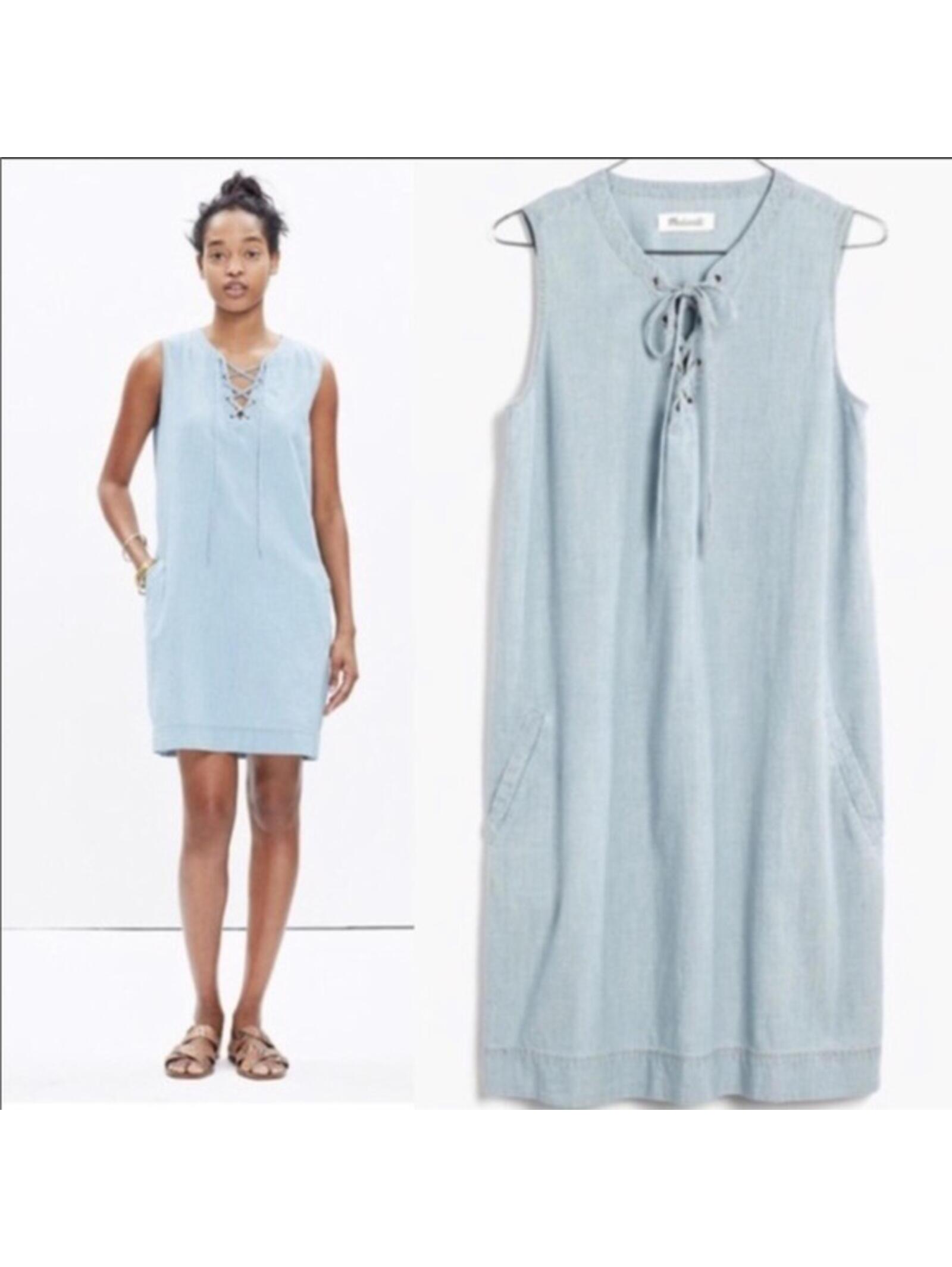 Madewell Lace-Up Boho Chambray Coastal Shift Dress Light Wash Blue- Size Xl